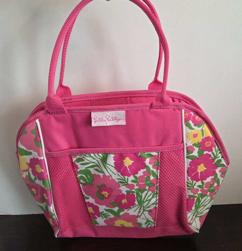 Lilly Pulitzer Pink Floral Canvas Garden Bag Tote Mesh Pockets Utility Organizer
